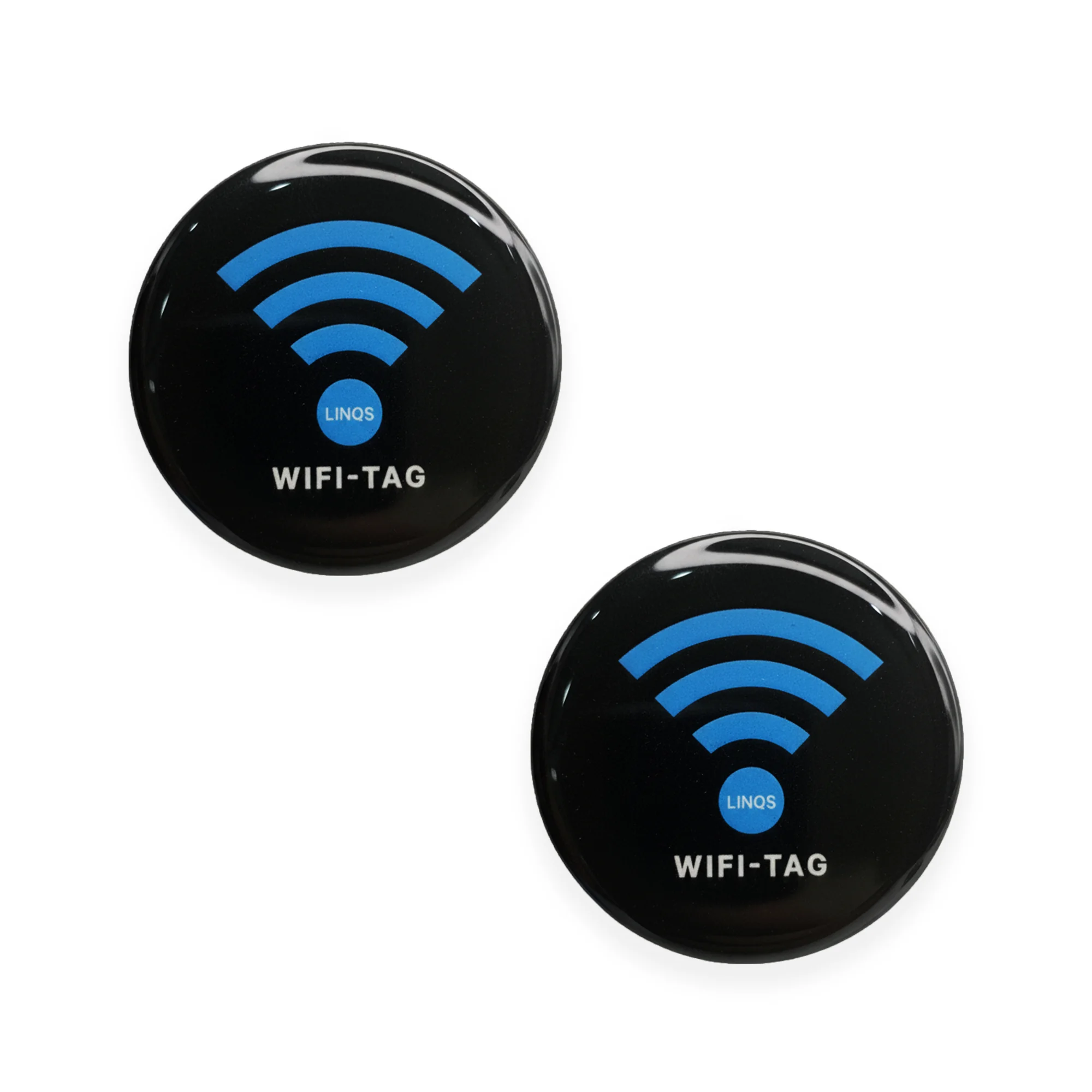 Two black LINQS Wi-Fi NFC sticker tags